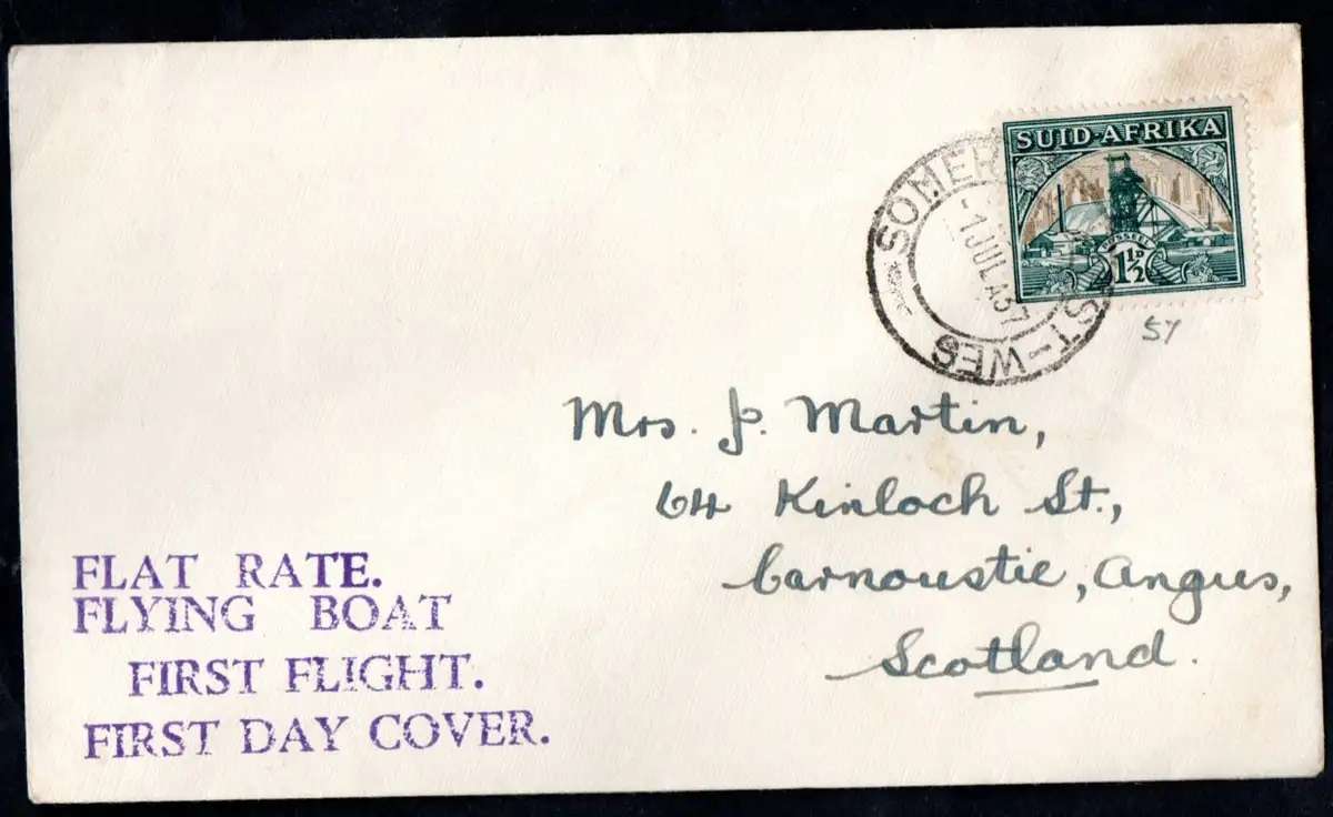 UNION 1937 FLAT RATE FLYING BOAT FIRST FLIGHT FIRST DAY COVER FROM SOMERSET WEST TO SCOTLAND.