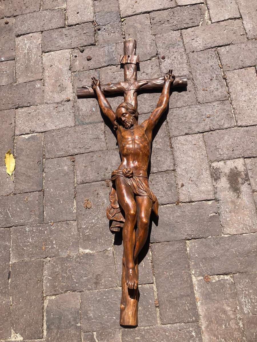Rare Large Wooden carved Vintage Church Crucifix  ( 90 x 37 cm )