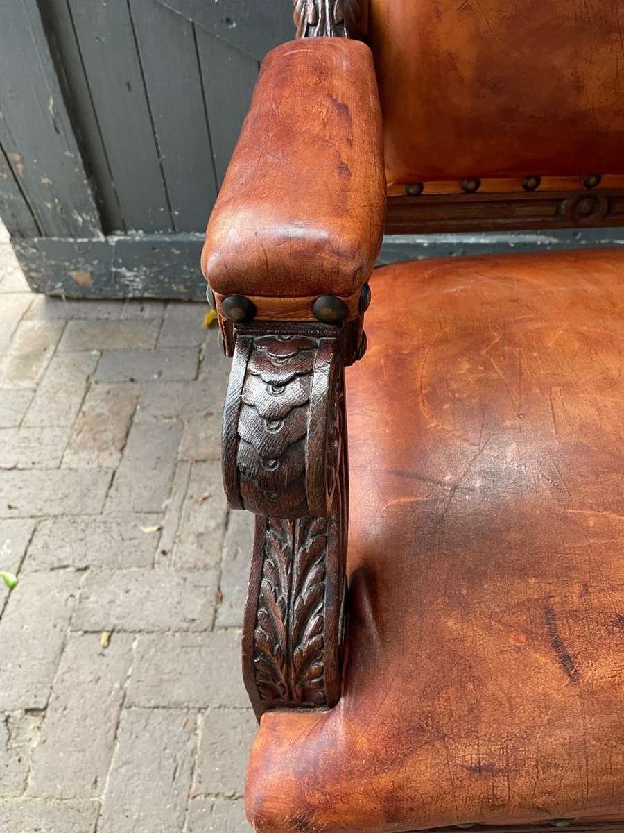 Continental Oak and Leather Armchair circa 1890