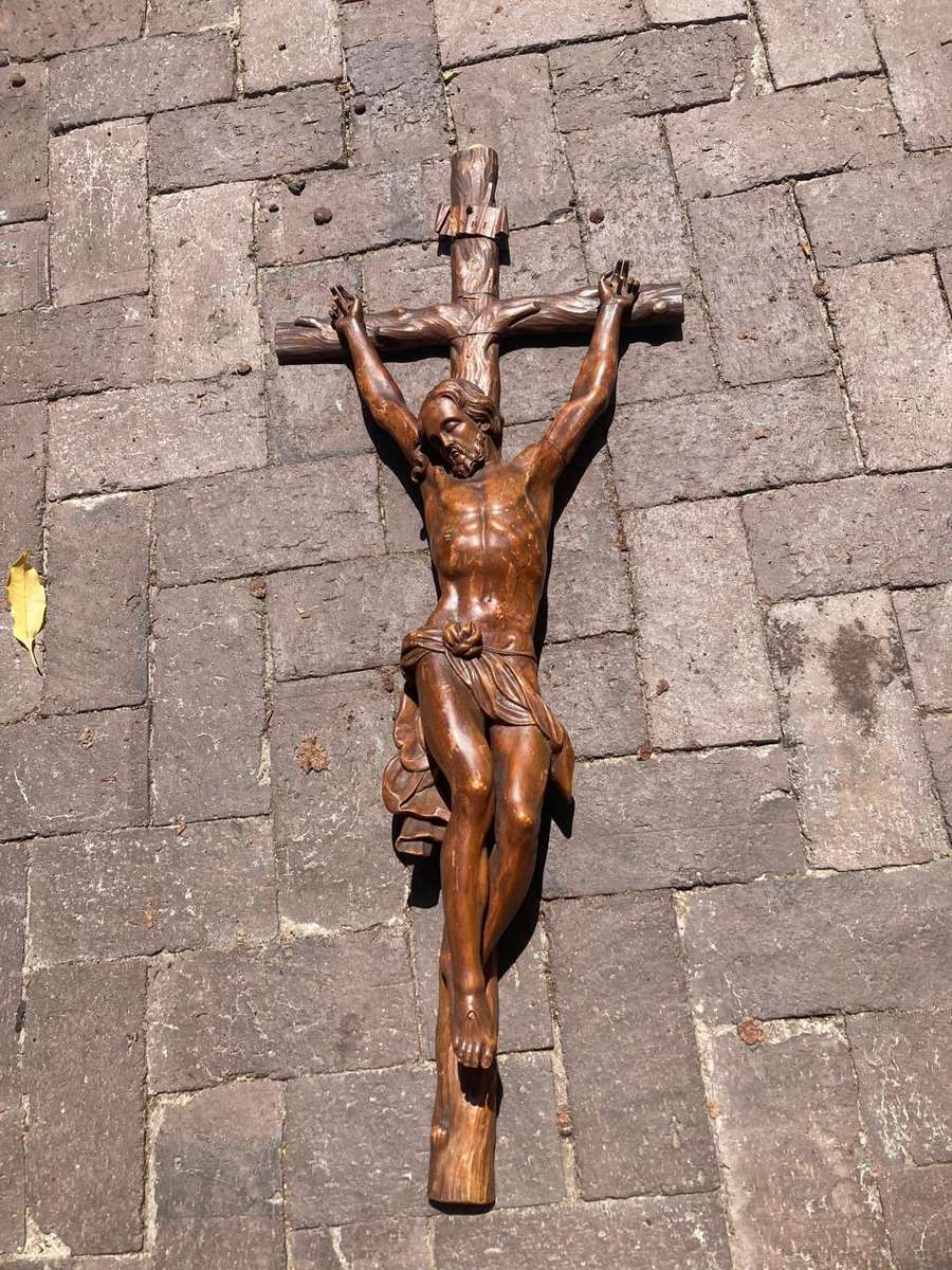 Rare Large Wooden carved Vintage Church Crucifix  ( 90 x 37 cm )
