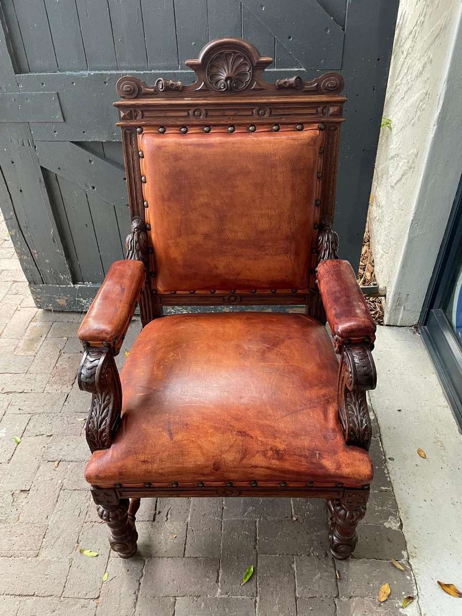 Continental Oak and Leather Armchair circa 1890
