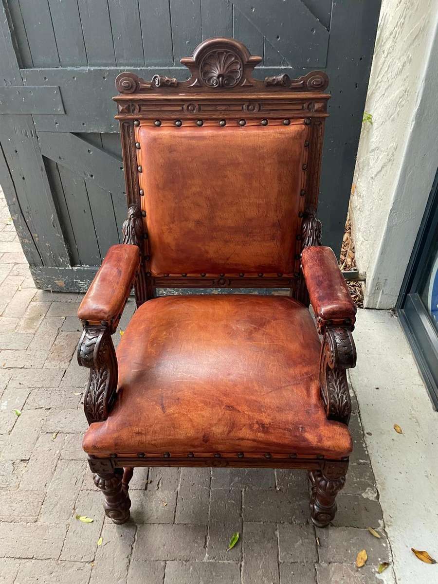 Continental Oak and Leather Armchair circa 1890