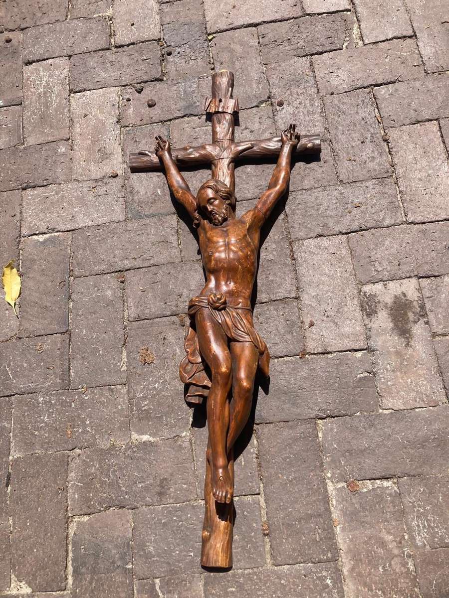 Rare Large Wooden carved Vintage Church Crucifix  ( 90 x 37 cm )