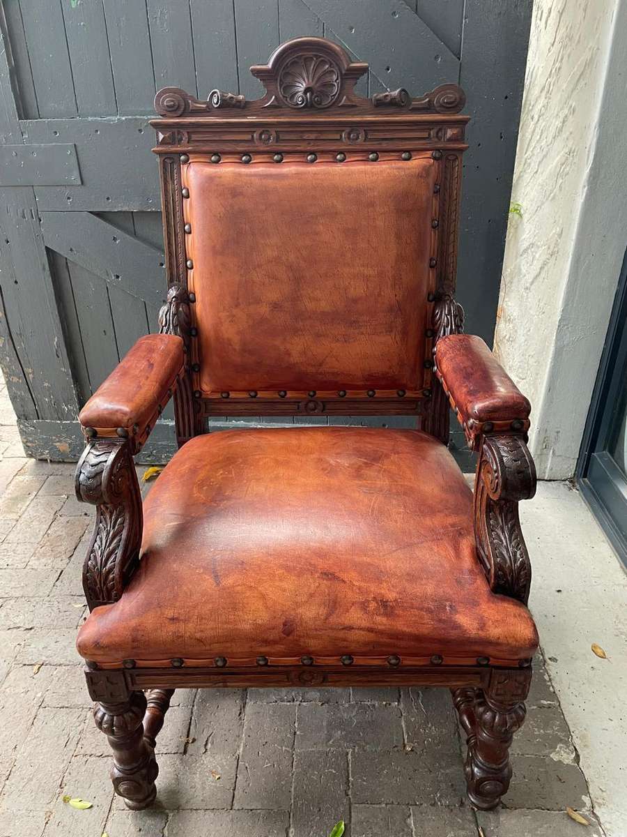 Continental Oak and Leather Armchair circa 1890