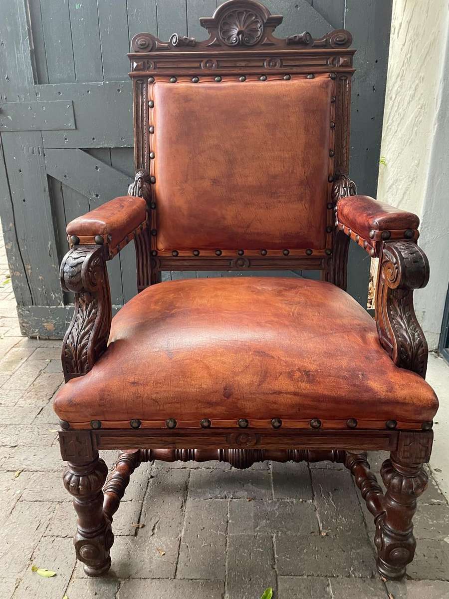 Continental Oak and Leather Armchair circa 1890