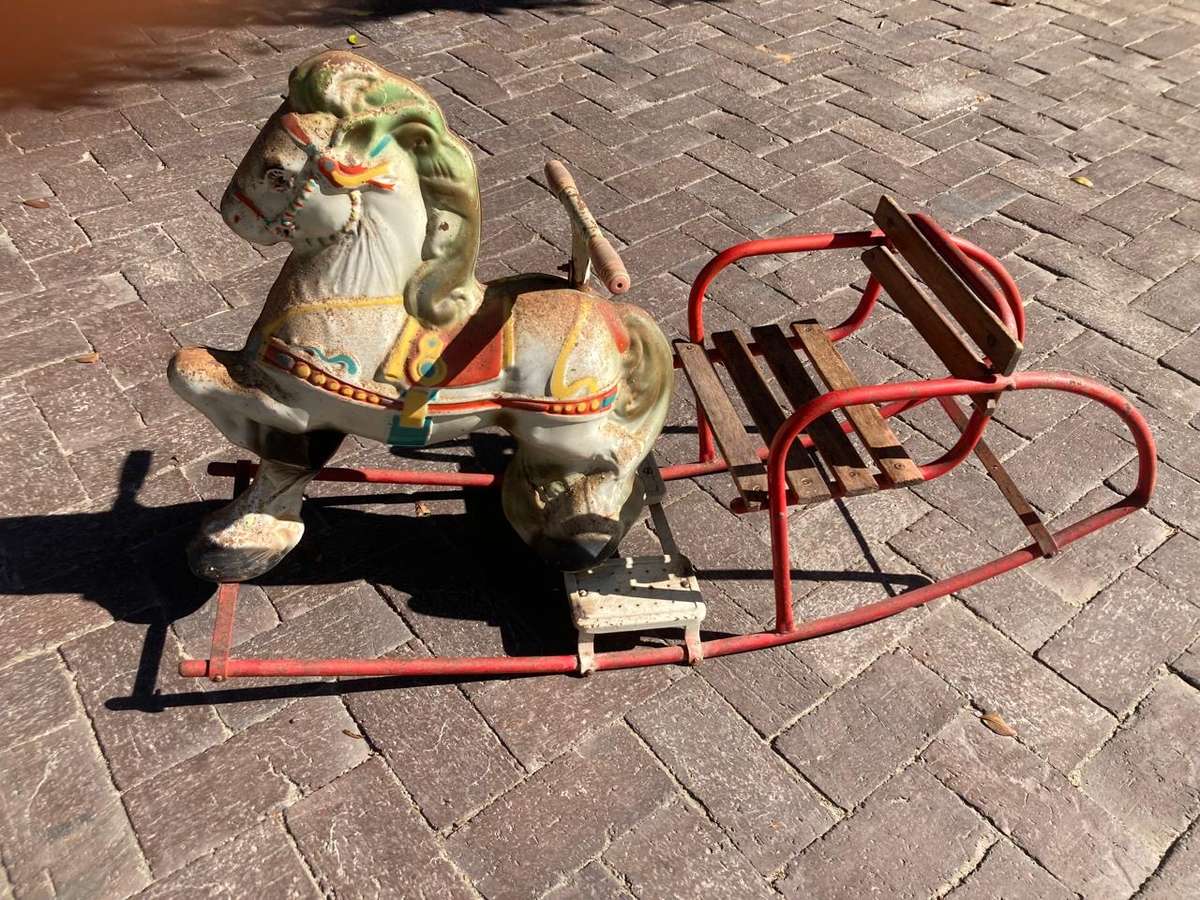 Rare Mobo Tinplate Rocking Horse with Carriage circa 1950's