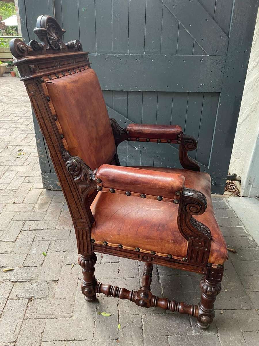 Continental Oak and Leather Armchair circa 1890