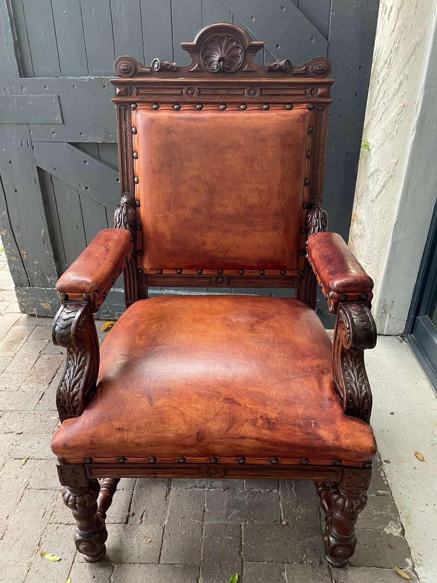Continental Oak and Leather Armchair circa 1890