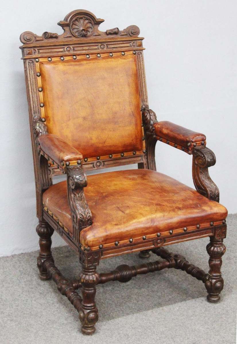 Continental Oak and Leather Armchair circa 1890