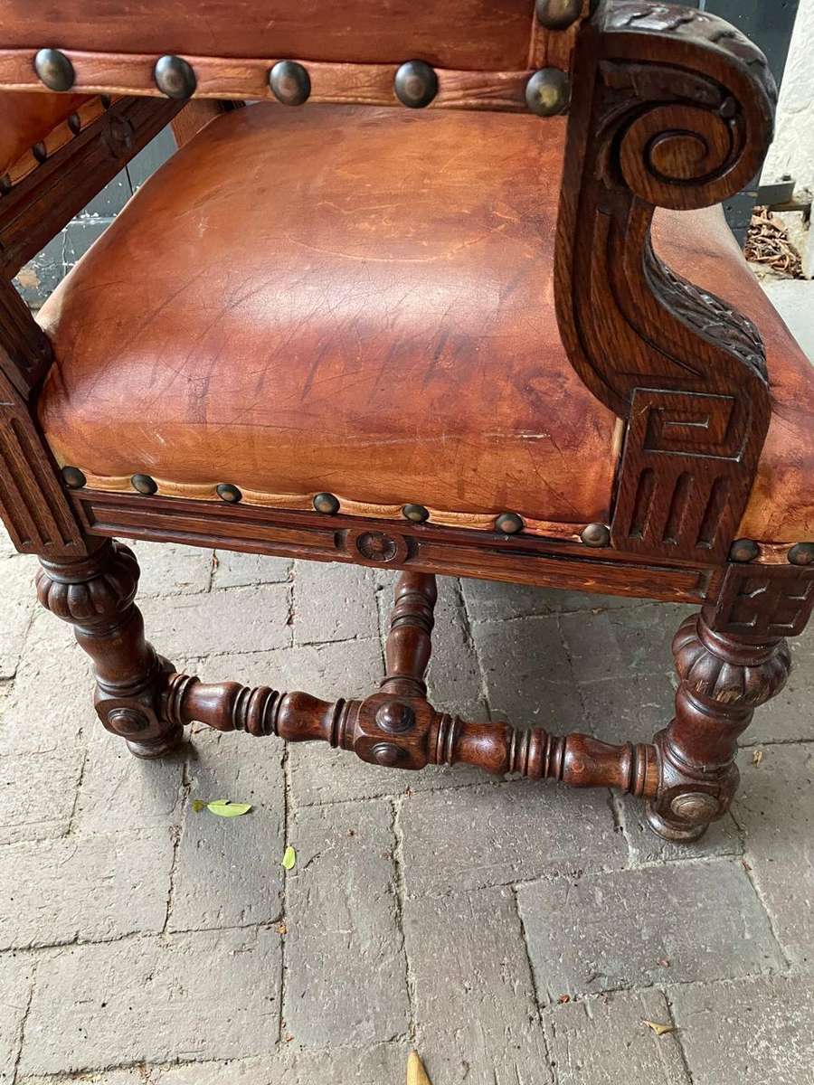 Continental Oak and Leather Armchair circa 1890