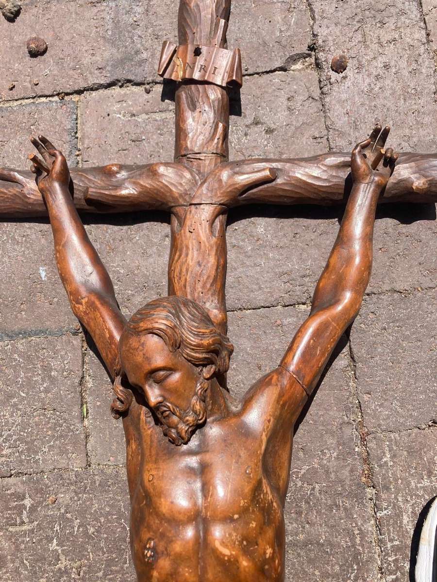 Rare Large Wooden carved Vintage Church Crucifix  ( 90 x 37 cm )