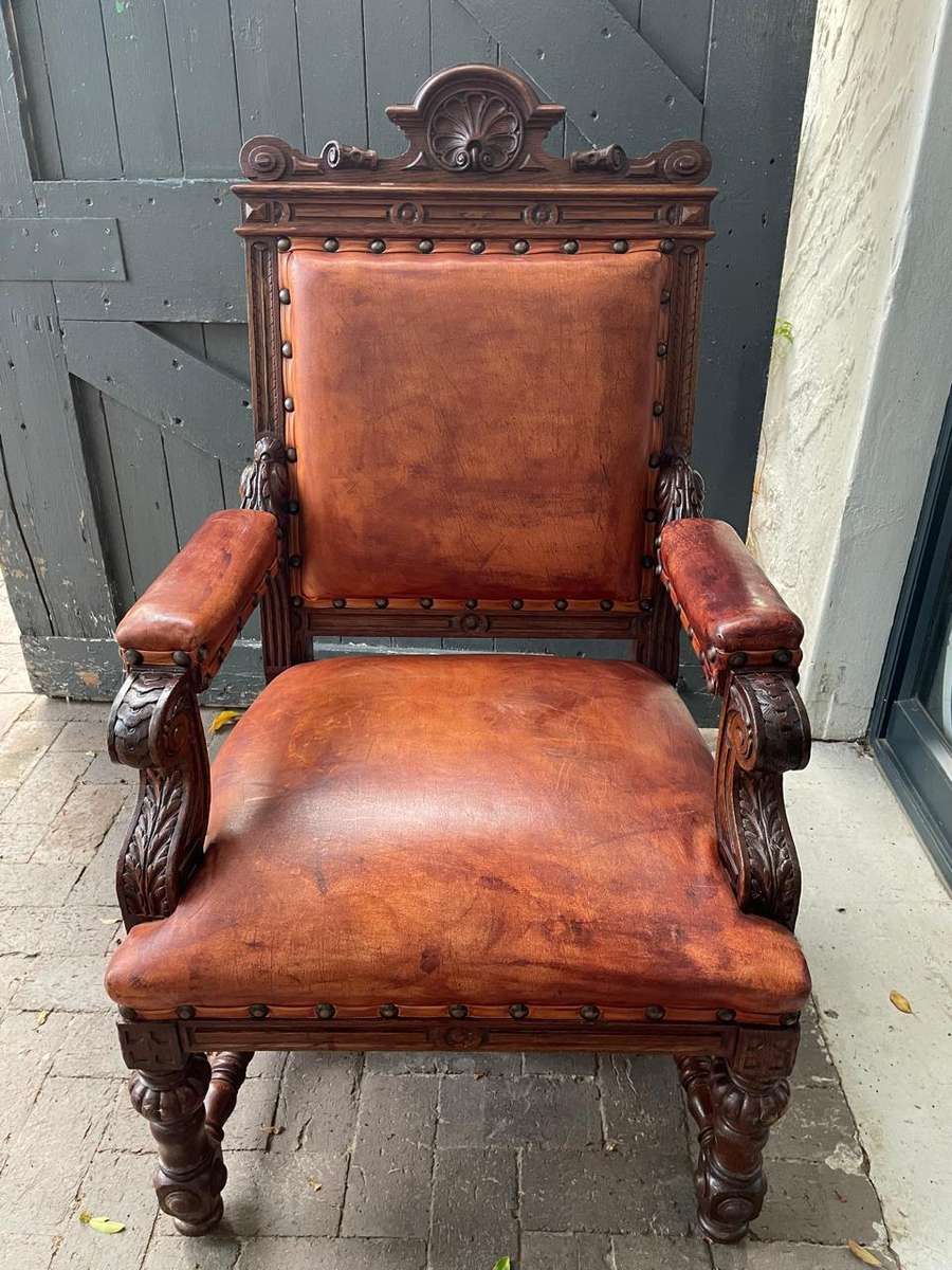 Continental Oak and Leather Armchair circa 1890