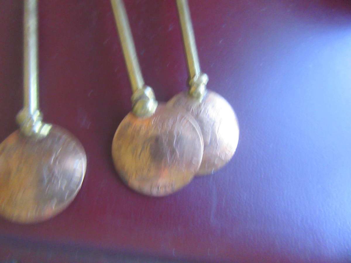3 BRASS/COPPER SPOONS WITH TWO CENT VAN RIEBECK COPPER COIN - VARIOUS YEARS - BID PER SPOON
