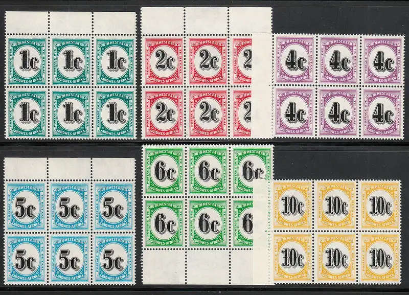 SOUTH WEST AFRICA 1961 POSTAGE DUES COAT OF ARMS WMK SET IN BLOCKS 6 VERY FINE MNH SACC 56-61 R820