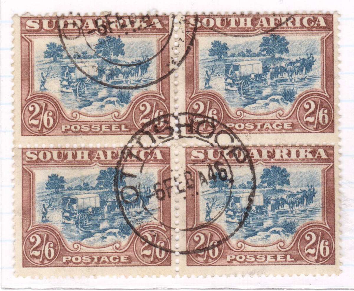 Union Roto Printing 2s6d Blue and Brown FU Block of Four - Cancellation Info