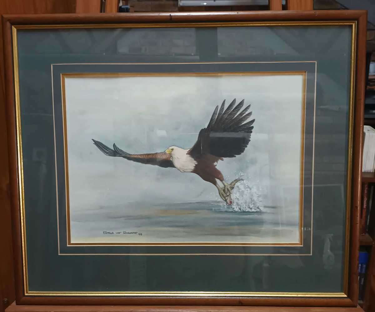 Fish eagle scene watercolour by Estelle van Schalkwyk