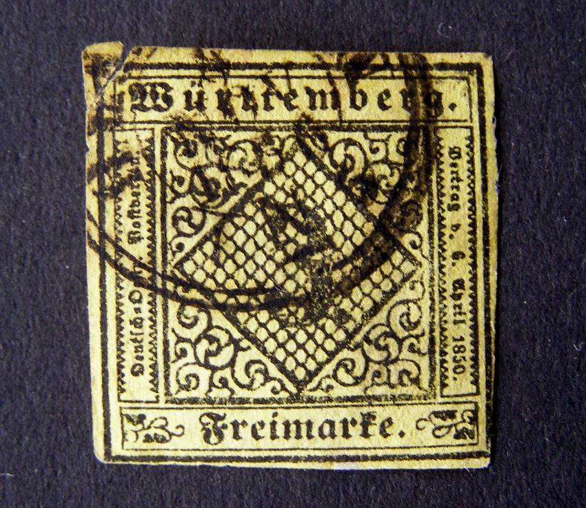 GERMANY: WURTTEMBERG - 3k. Black on Yellow, Imperf 1851 (damaged corner)