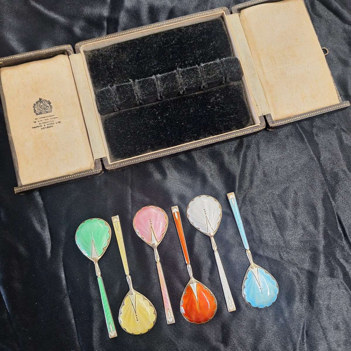 Coffee Spoons 6 - Silver Gilt & Coloured Guilloche Enamel - Turner & Simpson - Hallmarked