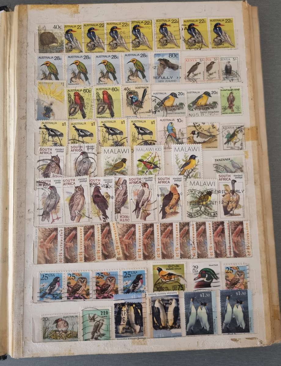 OLD ALBUM (NOT IN GREAT NICK) WITH MANY USED BIRDS, SOME BUTTERFLY, SINGLES ETC. NB: PLS READ BELOW