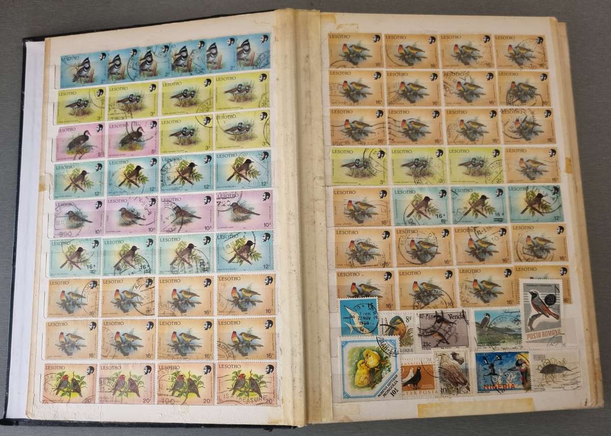 OLD ALBUM (NOT IN GREAT NICK) WITH MANY USED BIRDS, SOME BUTTERFLY, SINGLES ETC. NB: PLS READ BELOW