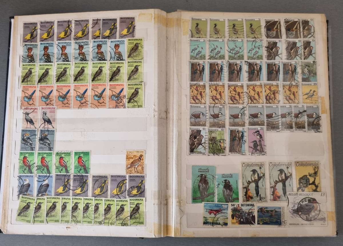 OLD ALBUM (NOT IN GREAT NICK) WITH MANY USED BIRDS, SOME BUTTERFLY, SINGLES ETC. NB: PLS READ BELOW