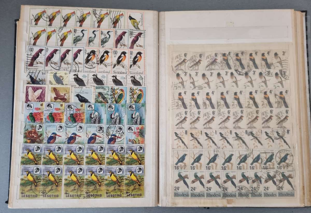 OLD ALBUM (NOT IN GREAT NICK) WITH MANY USED BIRDS, SOME BUTTERFLY, SINGLES ETC. NB: PLS READ BELOW