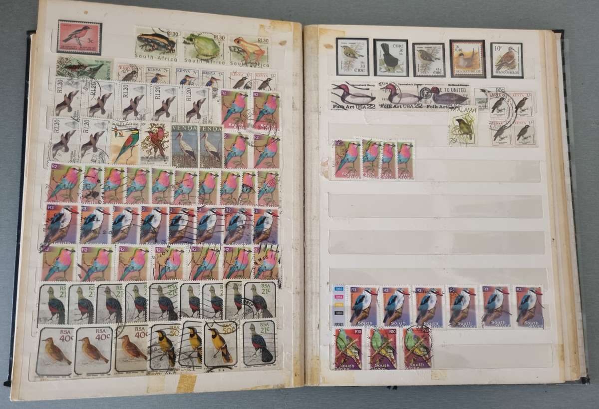 OLD ALBUM (NOT IN GREAT NICK) WITH MANY USED BIRDS, SOME BUTTERFLY, SINGLES ETC. NB: PLS READ BELOW