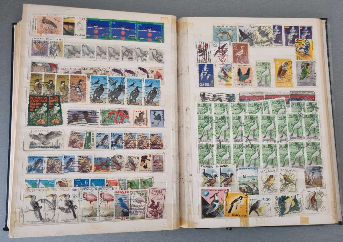 OLD ALBUM (NOT IN GREAT NICK) WITH MANY USED BIRDS, SOME BUTTERFLY, SINGLES ETC. NB: PLS READ BELOW