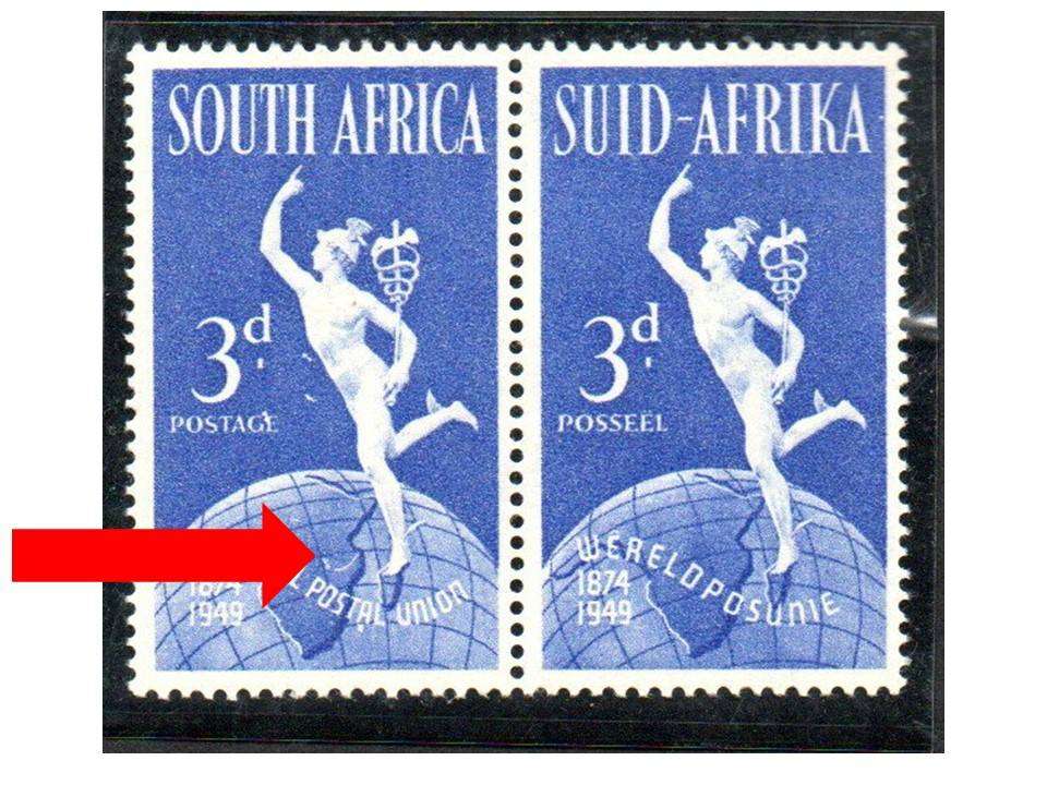 Union 1949 75th anni of UPU 3d umm pair with unlisted variety C shape above PO + white dot under A'