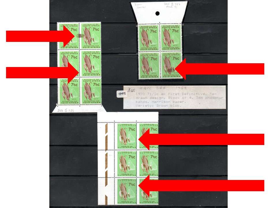 RSA SELECTION OF 7 1/2c BLKS UMM WITH VARIETIES. "PERF SHIFTS, BROWN BLOB" ETC. AS PER SCANS.