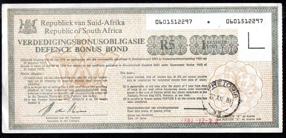 RSA 1978-82 (X5) DEFENCE BONUS BONDS. AS PER SCANS. NICE LOT.