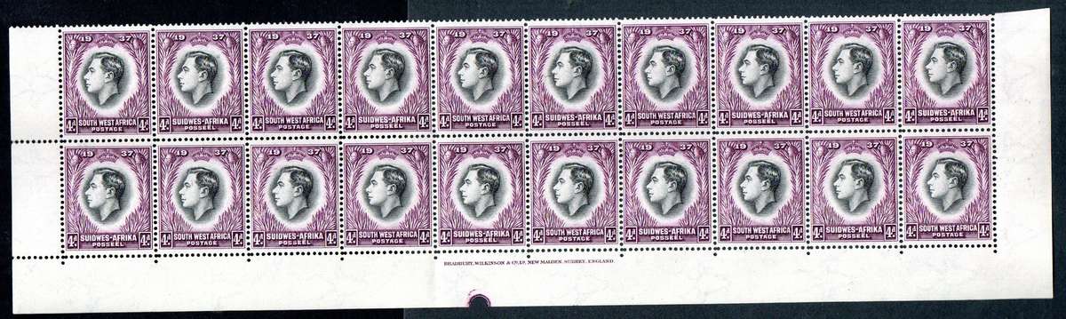SWA 1937 KGVI CORONATION 4d UMM DOUBLE BOTTOM ROW BLK OF (X20) WITH INSCRIPTION. SACC129. NB: READ.