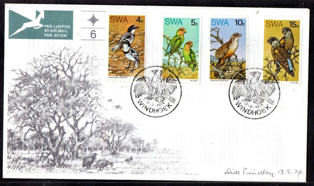 SWA 1974 RARE BIRDS OF SWA FDC NO 6 SIGNED "STAMP ARTIST - DICK FINDLAY". AS PER SCANS. LOVELY ITEM.