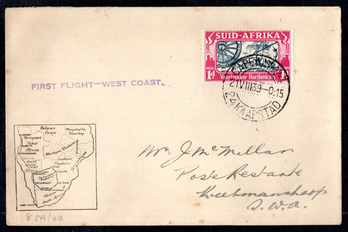 UNION 1939 'FIRST FLIGHT - WEST COAST' COVER CAPE TOWN - KEETMANSHOOP. AS PER SCANS. NICE ITEM.