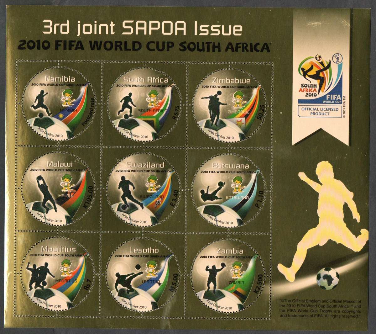 2010 FIFA SAPOA JOINT ISSUE UMM SHEETLET OF (X9) COMPRISING (X1) STAMP FROM EACH MEMBER COUNTRY.