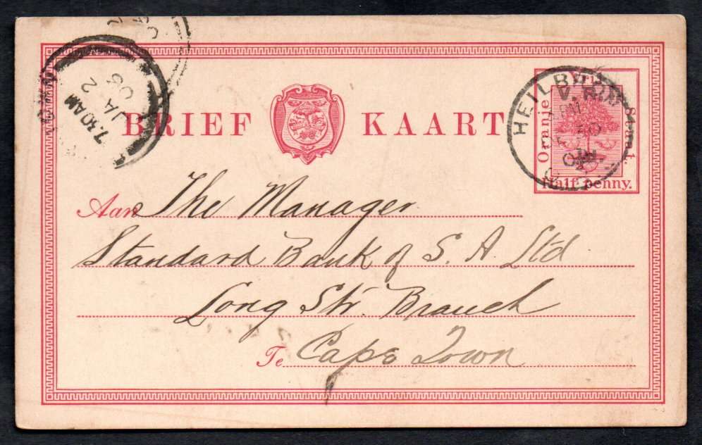 ORANGE RIVER COLONY 1902/3 VRI OVPT 1/2d POSTCARD HEILBRON TO CPT ADDR TO STANDARD BANK MANAGER.