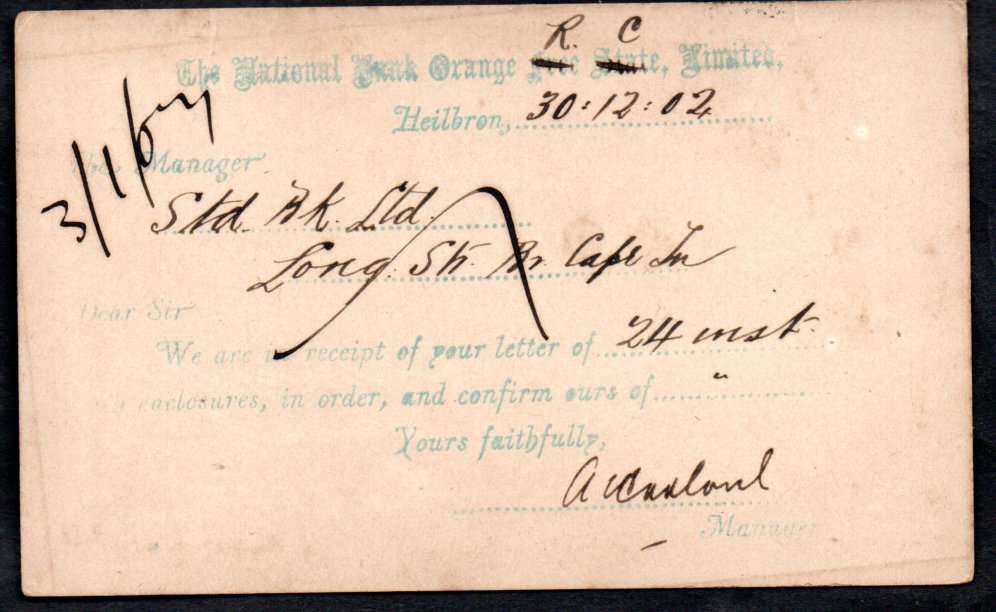 ORANGE RIVER COLONY 1902/3 VRI OVPT 1/2d POSTCARD HEILBRON TO CPT ADDR TO STANDARD BANK MANAGER.
