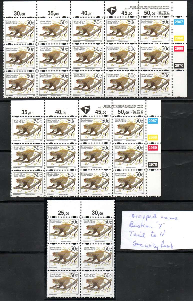 RSA 1997 6TH DEF LOT OF UMM 50c BLKS ALL WITH "DROPPED NAME, TAIL TO N ETC". AS PER SCANS.