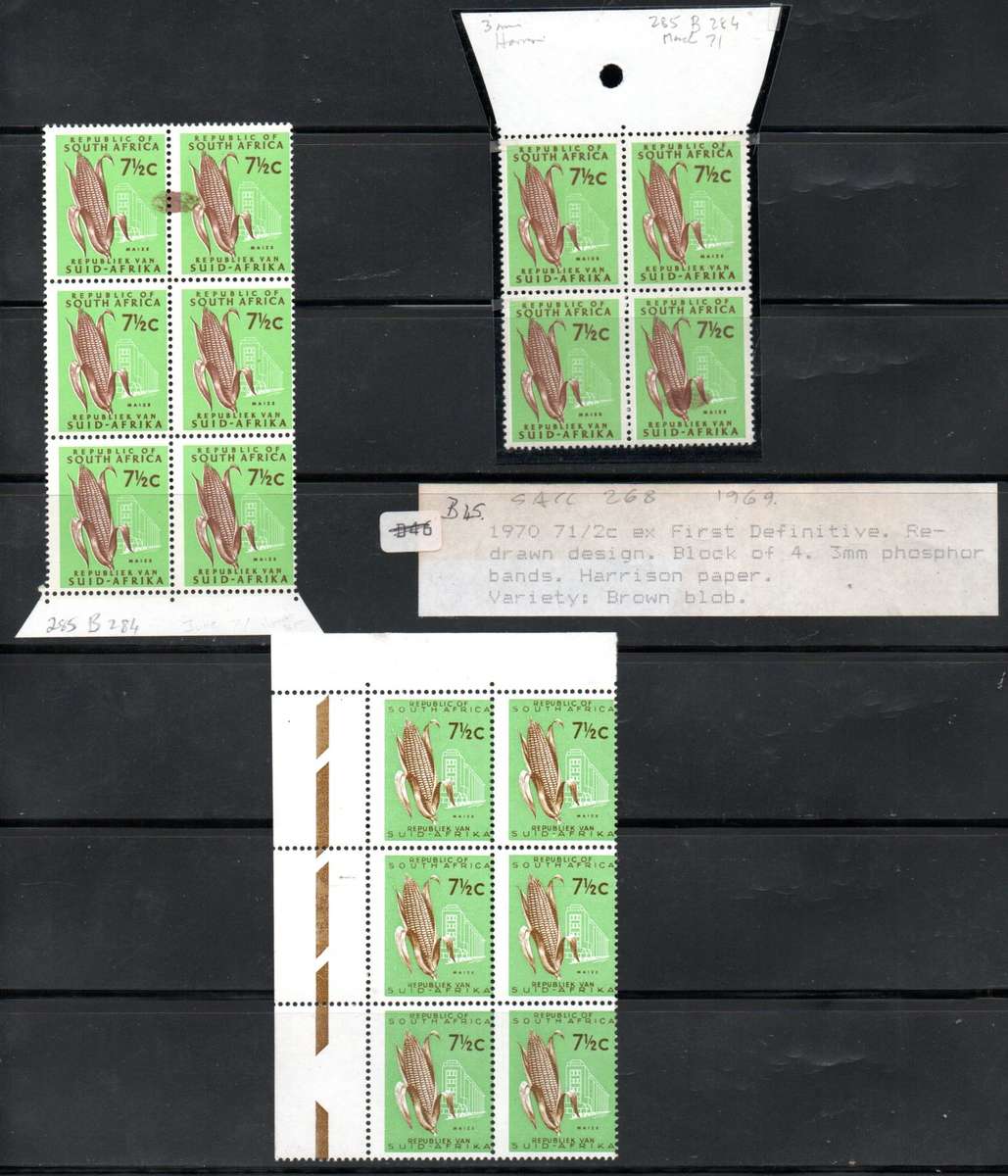 RSA SELECTION OF 7 1/2c BLKS UMM WITH VARIETIES. "PERF SHIFTS, BROWN BLOB" ETC. AS PER SCANS.