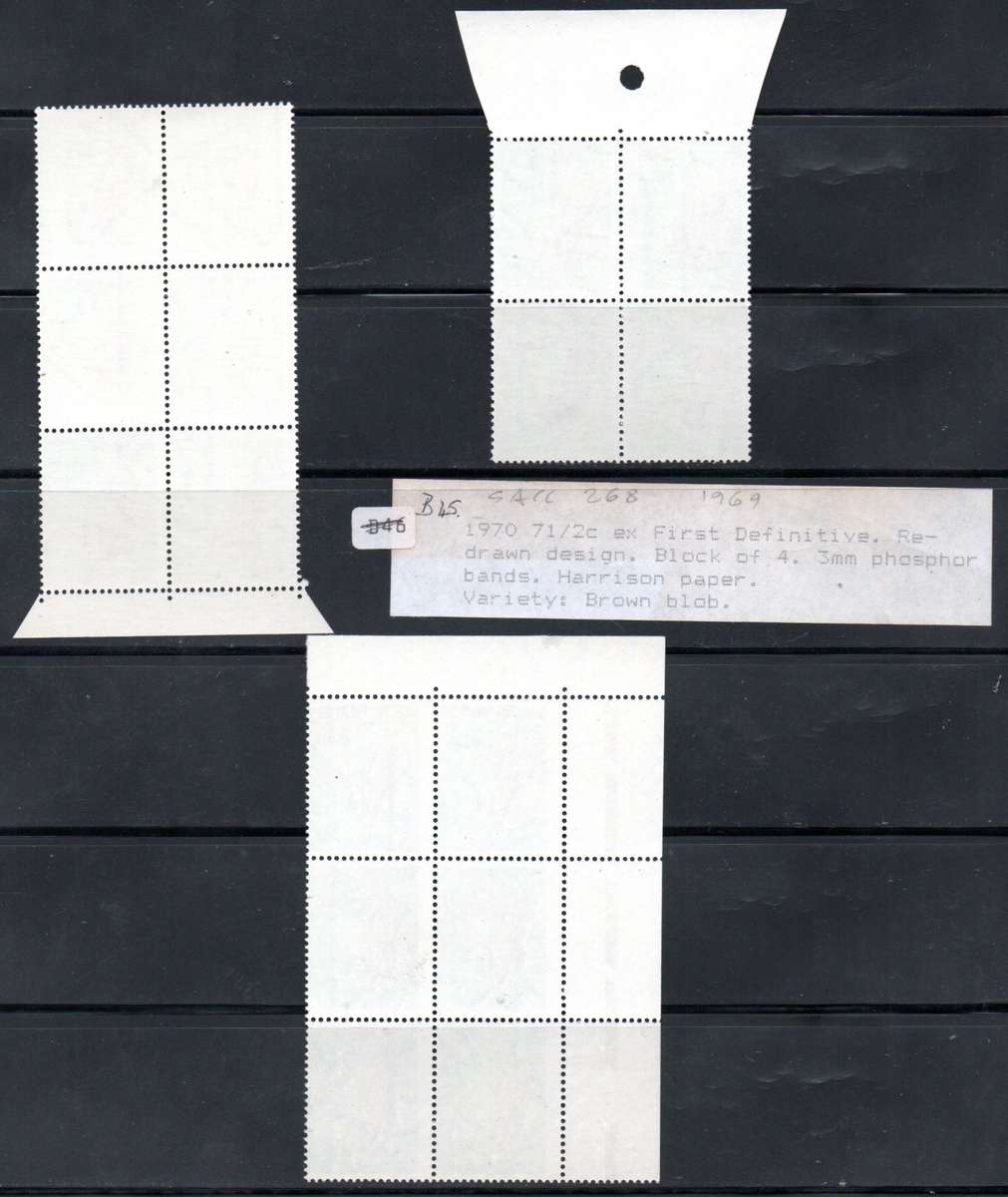 RSA SELECTION OF 7 1/2c BLKS UMM WITH VARIETIES. "PERF SHIFTS, BROWN BLOB" ETC. AS PER SCANS.