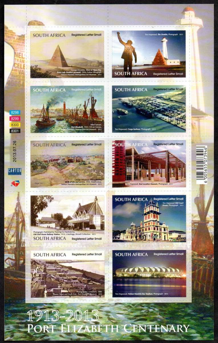 RSA 2013 PORT ELIZABETH CENTENARY MINT SELF-ADH SHEET OF (X10). AS PER SCANS. SACC2239. CV R1400.