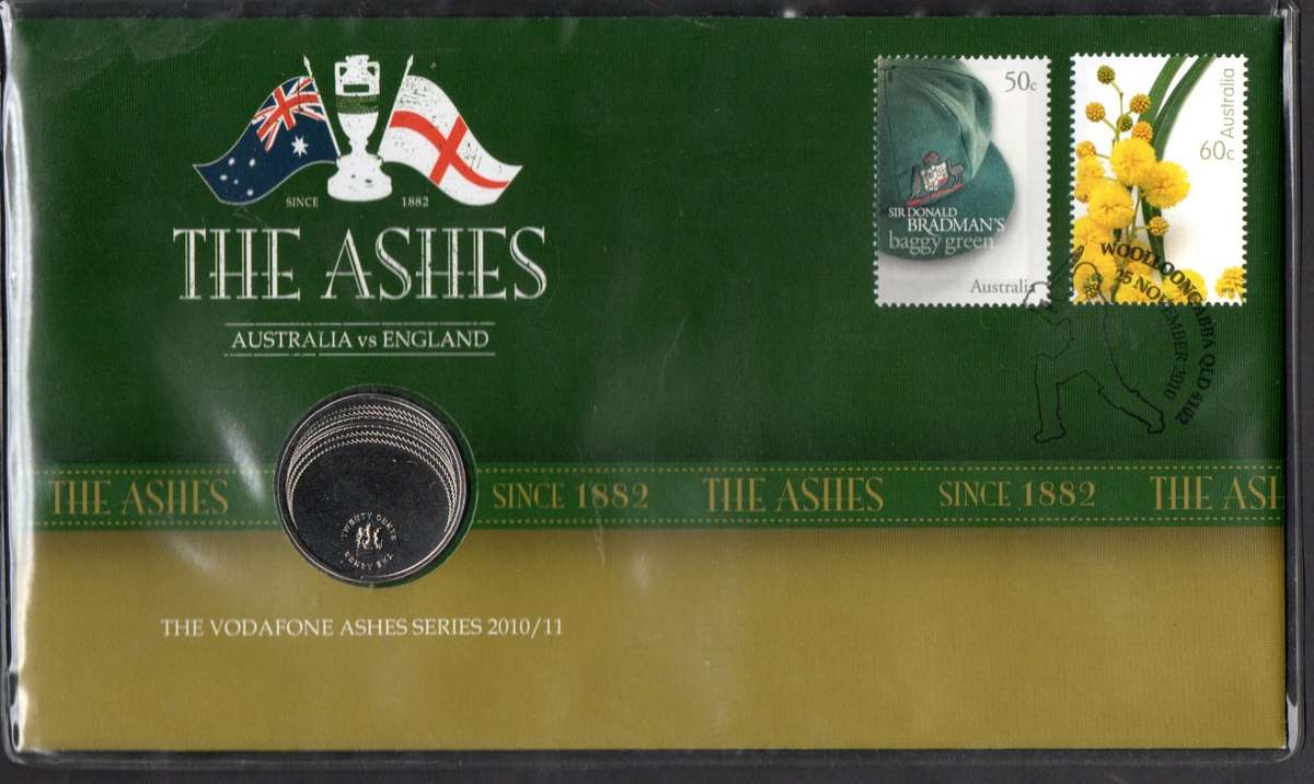 AUSTRALIA 2010 THE ASHES (CRICKET) COMMEMORATIVE COIN COVER. AS PER SCANS. FANTASTIC ITEM.