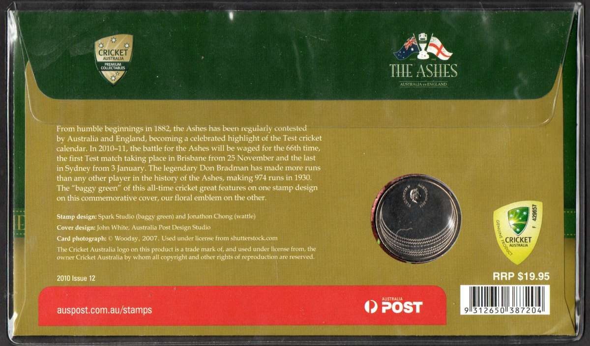 AUSTRALIA 2010 THE ASHES (CRICKET) COMMEMORATIVE COIN COVER. AS PER SCANS. FANTASTIC ITEM.