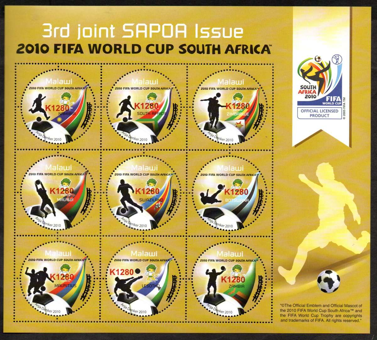 MALAWI 2021 3RD SAPOA FIFA WORLD CUP 2010 K1280 SURCHARGED SHEET + 2010 NORMAL SHEET UMM.