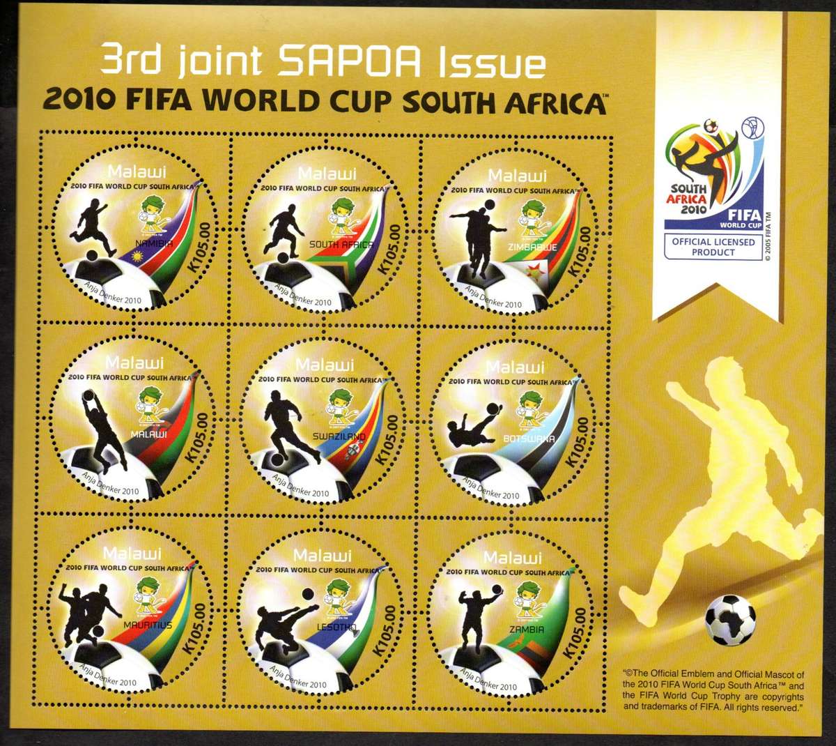 MALAWI 2021 3RD SAPOA FIFA WORLD CUP 2010 K1280 SURCHARGED SHEET + 2010 NORMAL SHEET UMM.