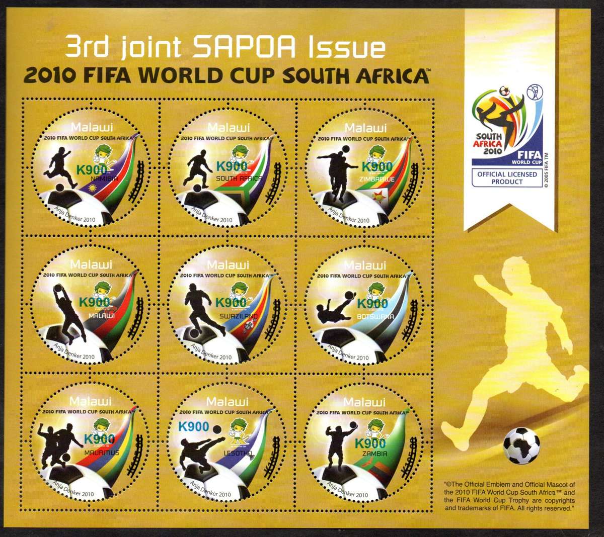 MALAWI 2021 3RD SAPOA FIFA WORLD CUP 2010 K1900 SURCHARGED SHEET + 2010 NORMAL SHEET UMM.