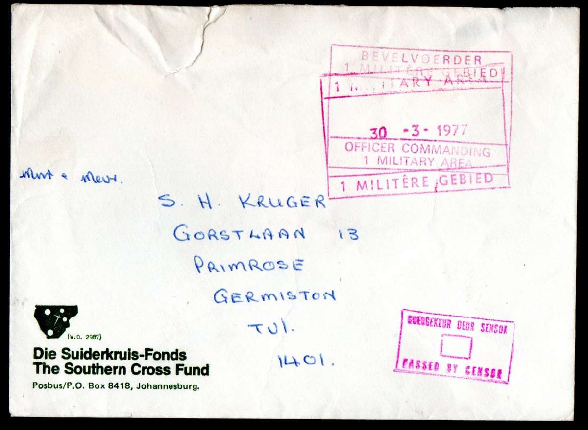 BORDER WAR 1977 PASSED BY CENSOR COVER TO GERMISTON. CONDITION AS PER SCANS.