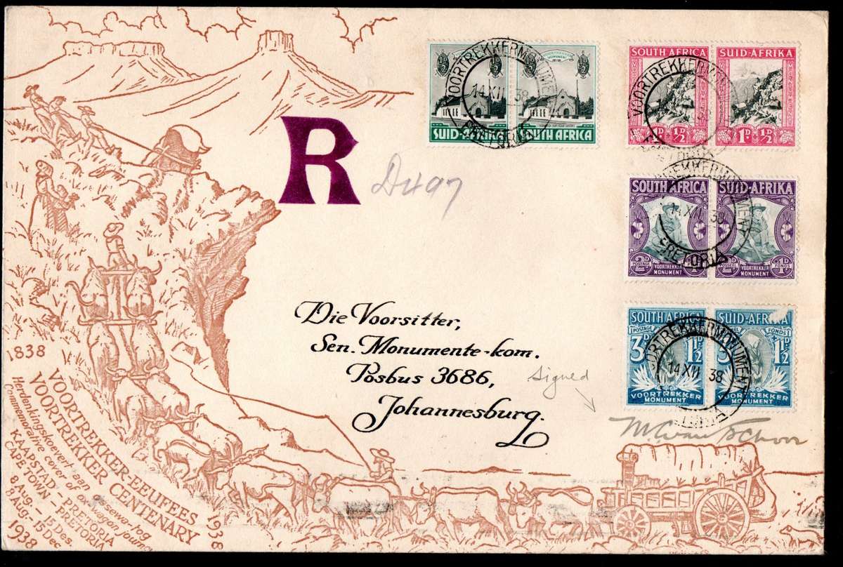 UNION 1938 VOORTREKKER COVER SIGNED BY "DR MC VAN SCHOOR - SPECIAL TREK POSTMASTER". AS PER SCANS.