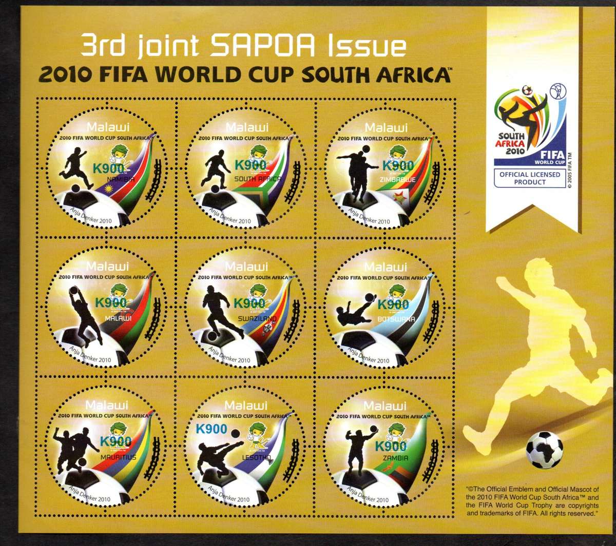 MALAWI 2021 3RD SAPOA FIFA WORLD CUP 2010 K900 SURCHARGED SHEET + 2010 NORMAL SHEET UMM.