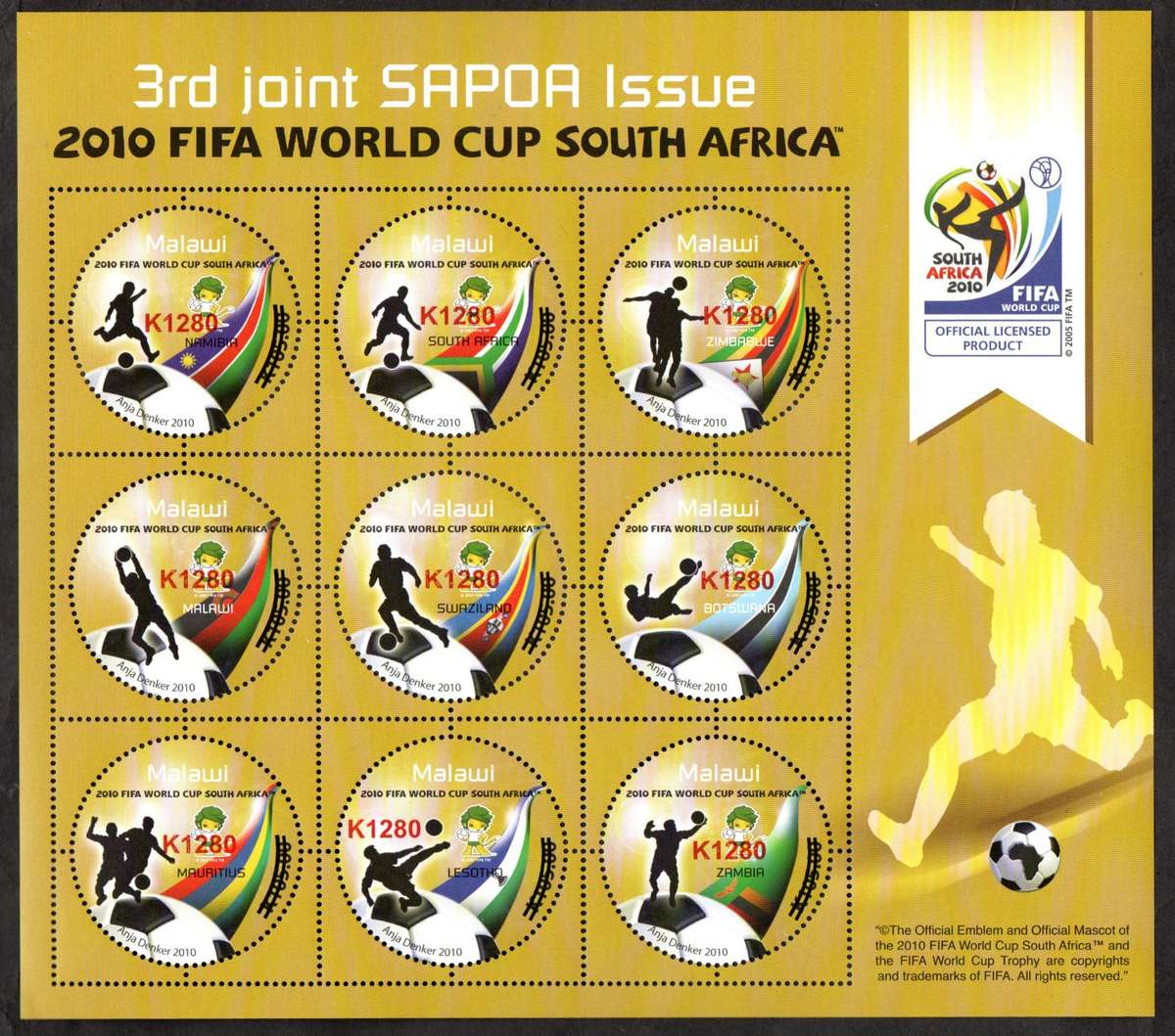 MALAWI 2021 3RD SAPOA FIFA WORLD CUP 2010 K1280 SURCHARGED SHEET UMM. AS PER SCANS.